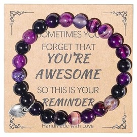 Inspirational Bracelets for Women Natural Stone Healing Crystal Anti-Anxiety Bead Bracelet You’re Awesome Heart Beaded Strand Adjustable Bracelet With Meanningful Card Christmas Gifts-- Purple