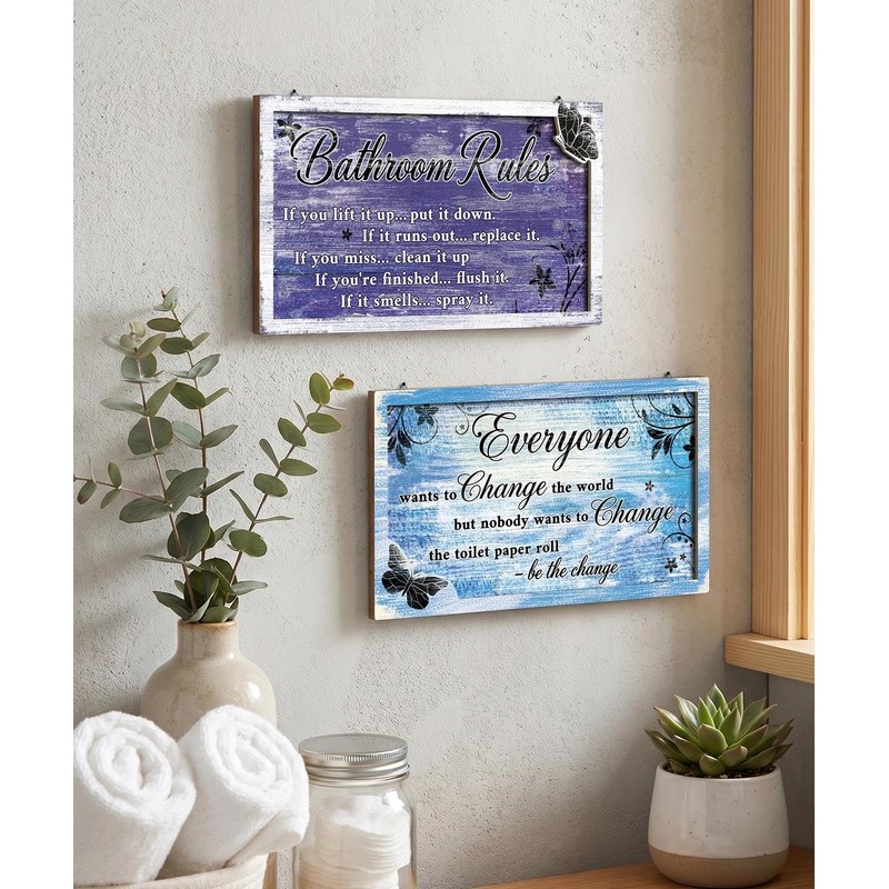 2 Piece Funny Bathroom Rules Wall Art, Rustic Wooden Hanging
