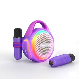 Portable Wireless 20W Waterproof Bluetooth Karaoke Speaker with Two Microphones for Kids, 3600mAh, Stereo Audio, AUX/TF Card (Purple)