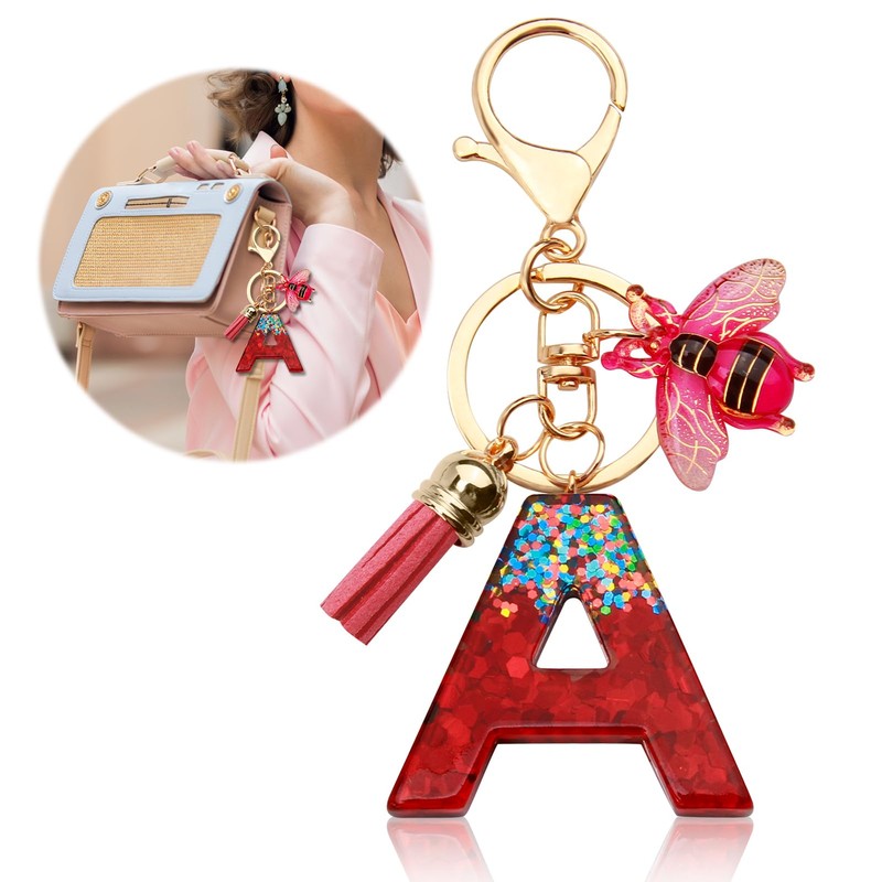 ORUZA Alphabet Initial Letter Keychain, Rose Sequin Initial Letter Keyring