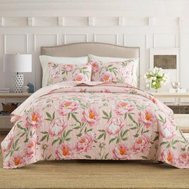 Boryard King Size Quilt Set, 3-Piece Lightweight Soft Full Size Summer Quilt Reversible Bedspread Coverlet (104x90 inches) Bedding Set with 2 Pillow Shams, Pink Peony Flower Print