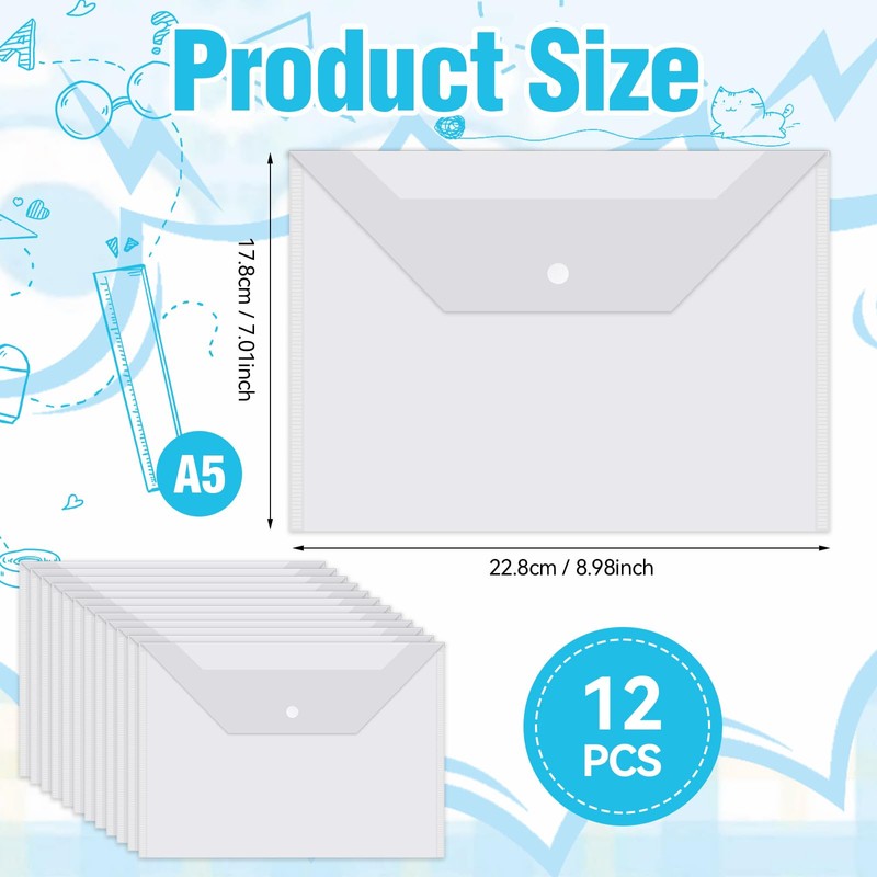 Pack of 12 Document Wallets A5 Transparent, Document Folder with