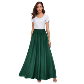 Sinono Womens Chiffon Retro Maxi Skirt Vintage Ankle-Length Skirts (Large, Dark Green)