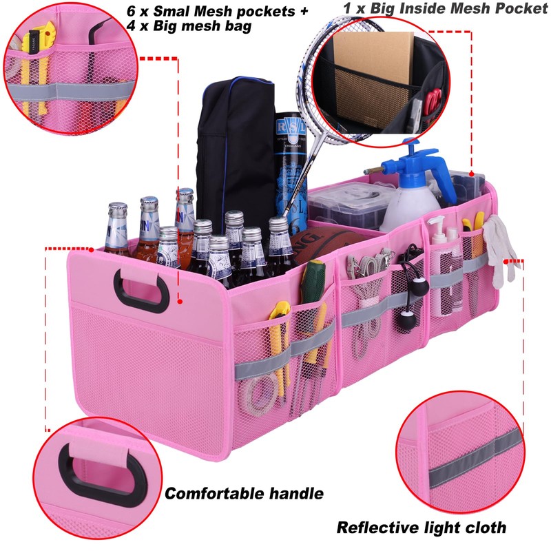 Homeve Large Collapsible Trunk Organizer with Multi Pockets, 3 Compartments