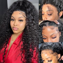 SOSATISFY 13x6 Deep Wave Lace Front Wigs Human Hair 200 Density Deep Wave Frontal Wigs Human Hair HD Lace Curly Wigs for Black Women Pre Plucked with Baby Hair Curly Lace Front Wig 22 Inch