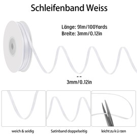 91 Metres Ribbon White, 3 mm Gift Ribbon White Satin Ribbon White Decorative Ribbon Fabric Ribbon White Ribbon for Gift Wrapping Crafts Decoration Wedding Birthday Christening