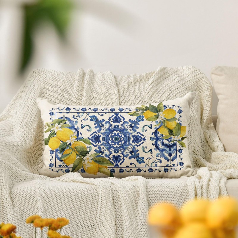 Summer Lemon Throw Pillow Cover, 12 x 20 Inch Blue