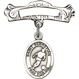 Sterling Silver Baby Badge with St. Sebastian/Soccer Charm and Arched Polished Badge Pin 7/8 X 7/8 inches
