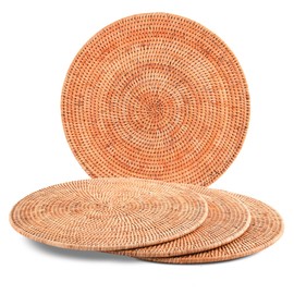 Vagabond House Handmade Rattan Chargers - Set of 4 Large, Durable, Natural Woven Wicker Rattan Placemats for Dinner Plates with Pewter Anchor - Perfect for Beach Home, Ocean and Coastal Themes