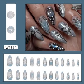Almond Press on Nails Medium Fake Nails with Punk Design Metal Heart False Nails Artificial Acrylic Nails Press on Full Cover Stick on Nails Silver Bow Glue on Nails for Women Manicure Decor 24Pcs