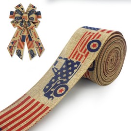 ALIBBON 4th of July Patriotic Burlap Ribbons, Wired Edge Ribbons American Flag Ribbons USA Vintage Truck Ribbons for Independence Day DIY Crafts Gift Wrapping Decorations 2.5 Inch x 10 Yards