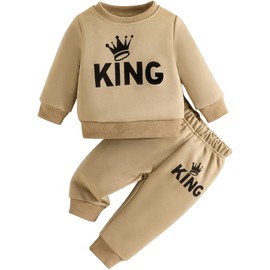 Jecson Baby Boy Fall Clothes: Warm & Soft Infant Outfits Sets KING Print Sweatshirt & Jogger Pant 2Pcs Toddler Cute Daywear Size 18-24 Months Beige