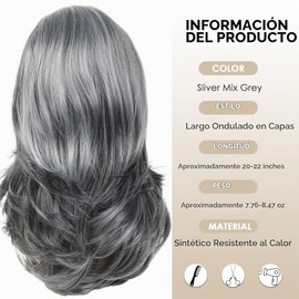 XIUFAXIRUSI XIUFAXIRUSI Pelucas onduladas largas en capas para mujer, peluca de cabello natural sintético, color gris plateado | Sliver mix Grey Color