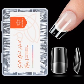 modelones Short Square Nail Tips, Pre-shaped Full Cover Fake Nails Soft Gel Acrylic Nail Tips Nail Extension False Gel x Nail Kit 216PCS 12Sizes