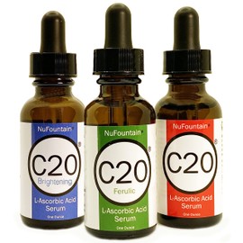 NuFountain C20 SUPER 3-pack. HAND CRAFTED, 3 1-Ounce Bottles of 20% L-Ascorbic Acid C Serum