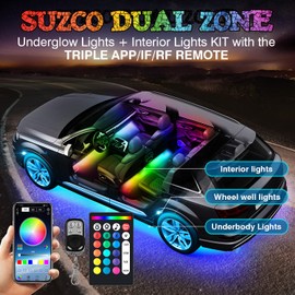 【Clear Stock】 6-Pack Trucks LED Underglow Pod Rock RGB Neon Under Wheel Well Lights Lights Kit, Dual-Zone 96LEDs + 27LEDs Interior Light Kit with APP/RF/IR, Sync Music Waterproof 12V