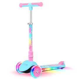 BELEEV Kids Scooter with LED Light-Up Wheels & Deck & Stem, 3 Wheel Folding Scooter for Toddlers Girls Boys Ages 3-12, Extra Wide Wheel, Adjustable Handlebar, Kick Scooter for Children (Blue Pink)