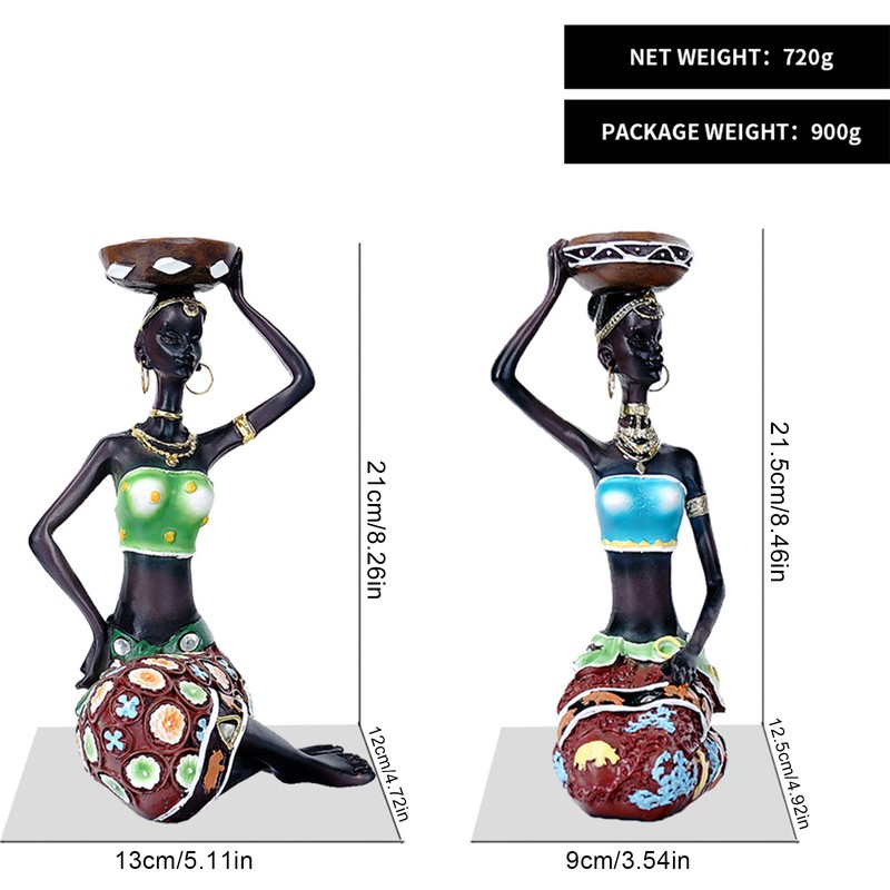 2PCS Vintage African Women Statue Candle Holders Resin Figurines Fits