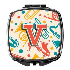 Caroline's Treasures Letter V Retro Teal Orange Musical Instruments Initial Compact Travel Mirrors, Multicolor