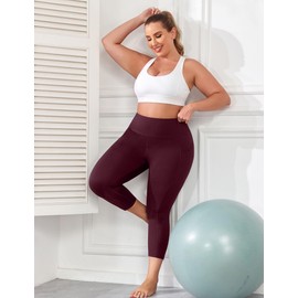 Plus Size Capri Leggings with Pockets, Wine Yoga Pants for Women, Butt Lift Workout Leggings Tummy Control High Waisted Gym Activewear L