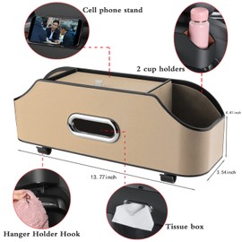 HOLDCY Car Back Seat Organizer with 2 Drink Cup Holder - Tissue Box and Storage Box Hook - Multi-functional Storage - Great for Kids and Travel (Beige)