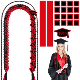 Suncalla 22 Pcs Graduation Leis 2025 Graduation Ribbon Lei Necklace Decorations with Letter Wooden Pattern for Grad(Red and Black)