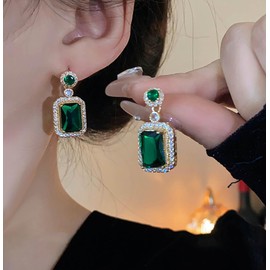 Inateannal Emerald Dangle Earrings Gold Crystal Square Drop Earrings Green Crystal Emerald Earrings Earrings Sparkle Round CZ Stud Earrings Emerald Wedding Earrings