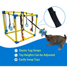 Dewonch Puppy Play Gym with 8 Hanging Toys, Small Dogs Indoor Jungle Gym, PVC Frame with Bungee Straps Enrichment Activity Center