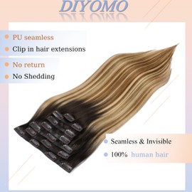 DIYOMO Seamless Hair Extensions Real Human PU Clip in Hair Extensions 120g 7pcs 22Inch #16shallow Platinum Blonde, Invisible & Natural Look