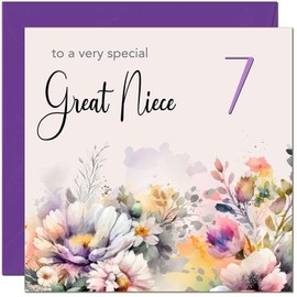 7th Great Niece Birthday Card - Purple Floral Great Niece's Birthday Card for 7 Year old Kids seven, seventh