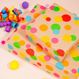 BIOBROWN Kraft Wrapping Paper Roll Colorful Polka Dots Design Perfect for Birthday Holiday Wrap 17 inch X 33 feet