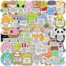 50PCS Emotional Support Affirmation Stickers,Cute Animal Food Funny Positive Quote Waterproof Stickers for Water Bottles Laptops