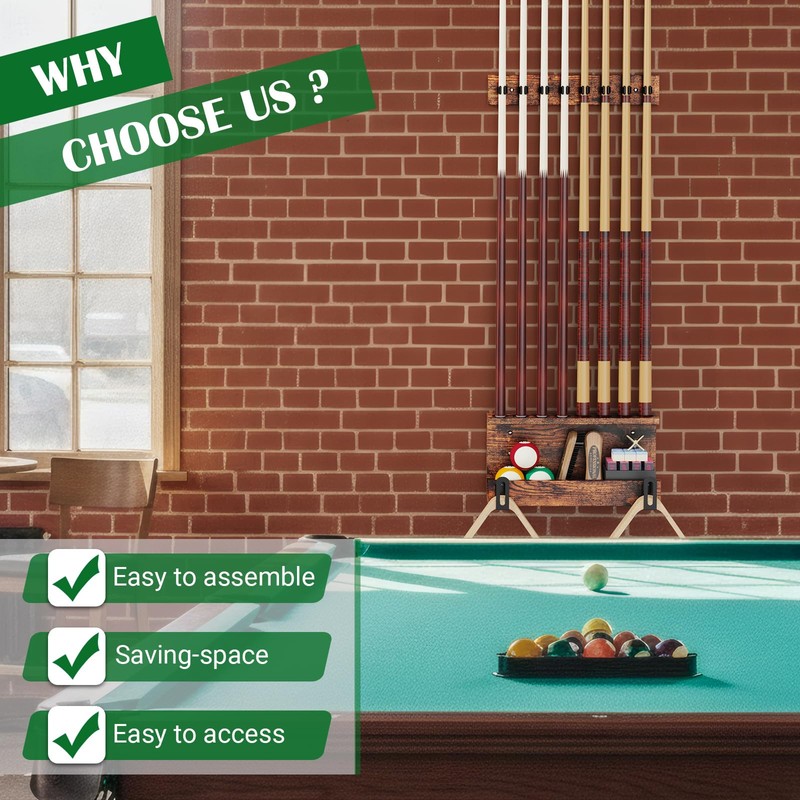 WHEARTED Wall Mount Pool Stick Holder, Billiards Pool Cue Rack