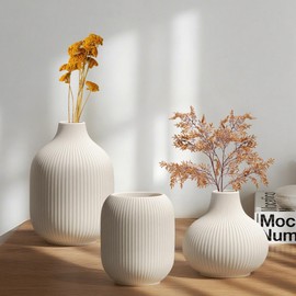 TrendEcoHome Small Matte White Ceramic Vases Set of 3, Modern Minimalist Ribbed Vases for Centerpiece, Home Office Shelf Decor, Farmhouse Kitchen Bathroom Bedroom Living Room Decor