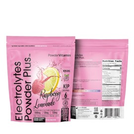PowderVitamin Electrolitos en polvo Plus (100 porciones) Limonada de frambuesa Electrolito en polvo Ceto sin calorías, 0 azúcar, sin maltodextrina