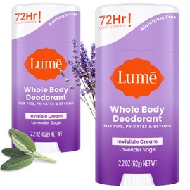 Lume Desodorante natural – axilas y partes privadas – Sin aluminio, sin bicarbonato de sodio, hipoalergénico y seguro para pieles sensibles – Paquete de dos barras de crema de 2.2 onzas (salvia lavanda)