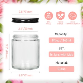 Homerove 16 Pack 8oz Clear Glass Jars with Metal Lids, Round Candle Making Jars, Empty Thick Refillable Cosmetic Container for Candle Making, Food Storage, Canning, Spices, Liquids