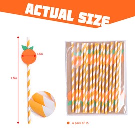 LINLULU Orange Biodegradable Disposable Paper Drinking Straws - 15 Pieces, 8" Tall, Perfect for Parties & Gifts