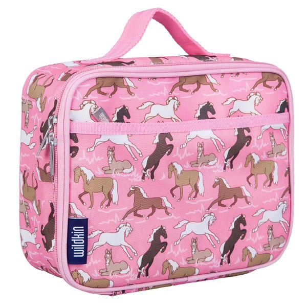Wildkin Kids Insulated Lunch Box Bag for Boys and Girls, Perfect Size for Packing Hot or Cold Snacks for School and Travel, Mom's Choice Award Winner, BPA-free, Olive Kids (Horses in Pink)