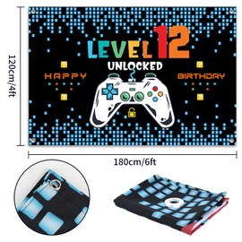 HAMIGAR 6x4ft Happy 12th Birthday Baner Backdrop - Level 12 Unlocked Birthday Decorations Party Supplies for Boys - Blue