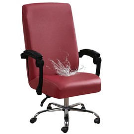 Shukii Waterproof Office Chair Cover PU Leather Computer Seat Covers Stretch Rotating Chair Slipcover with Elastic Bottom Universal Chair Protectors for Rotating Boss Chair (Wine Red, Large)