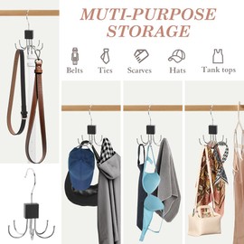 FIDWALL 2PCS Wooden Matte Black Hexagon Belt Hanger - 360° Rotating 6 Hooks,Space Saving Organizer for Belts, Ties, Hats, Durable Wardrobe Storage with Anti-Slip Design(2 Pcs Matte Black)