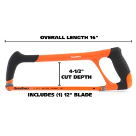 Great Neck 74007 12 Inch Professional Hacksaw, TPI Bi-Material Blade, High Tension Tool, Adjustable-Angle Design, 90-Degree Straight Cut and 45-Degree Flush Cut