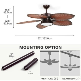 YITAHOME Tropical Ceiling Fans with Lights, 52" Palm Leaf Ceiling Fan with LED Light and Remote, 6 Speed Reversible Quiet DC Motor, 6''/12'' Downrods for Living Room​, Dining Room, Bedroom