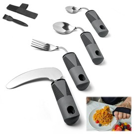 Kongming Parkinson Cutlery Stainless Steel with Attachment Strap, 4-Piece Adjustable Adaptive Cutlery Set, Handle Thickening, Easy Grip Cutlery Set for Hand Tremors, Arthritis, Parkinson's and Seniors