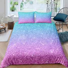 Homemissing Colorful Glitter Bedding Girly Turquoise Teal Blue Pink Pastel Colors Duvet Cover 2 Pcs Trendy Bed Spreads Girls Comforter Cover with Sparkle Sequin Bling Single Size