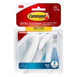 Command BATH17-3ESF Large Towel Hooks, Value Pack, 3-Hooks, 3-Large Water-Resistant Strips