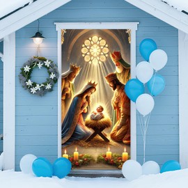 IVN Christmas Door Cover Banner 71x35 Inch Holiday Front Porch Door Decoration Nativity Scene Holy Family Three Wise Men Magi Stained Glass for Religious Party Indoor Outdoor Backdrop Decor