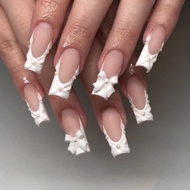 XZMeiLun Handmade 3D White Bow French Tips Press On Nails Square Medium Length, Bow French Tip Designer Reusable Acrylic Fake Nails With Cute Glue On Nails, Daily Wear Nails For Women Girls