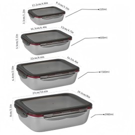 Leak-proof Stainless Steel Food Storage Container Set of 4 Meal Prep Food Container with BPA-free Lids Metal Fresh Storage Container for Freezer Oven Dishwasher Safe, 220ml/600ml/ 1500ml/ 2900ml
